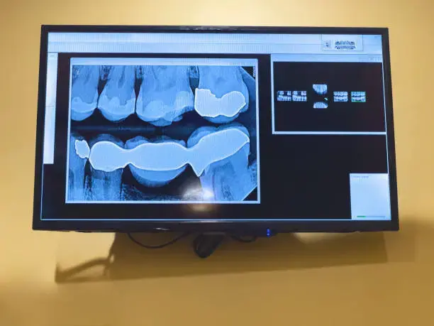 Monitor displaying dental X-rays of teeth and restorations in Montville, NJ
